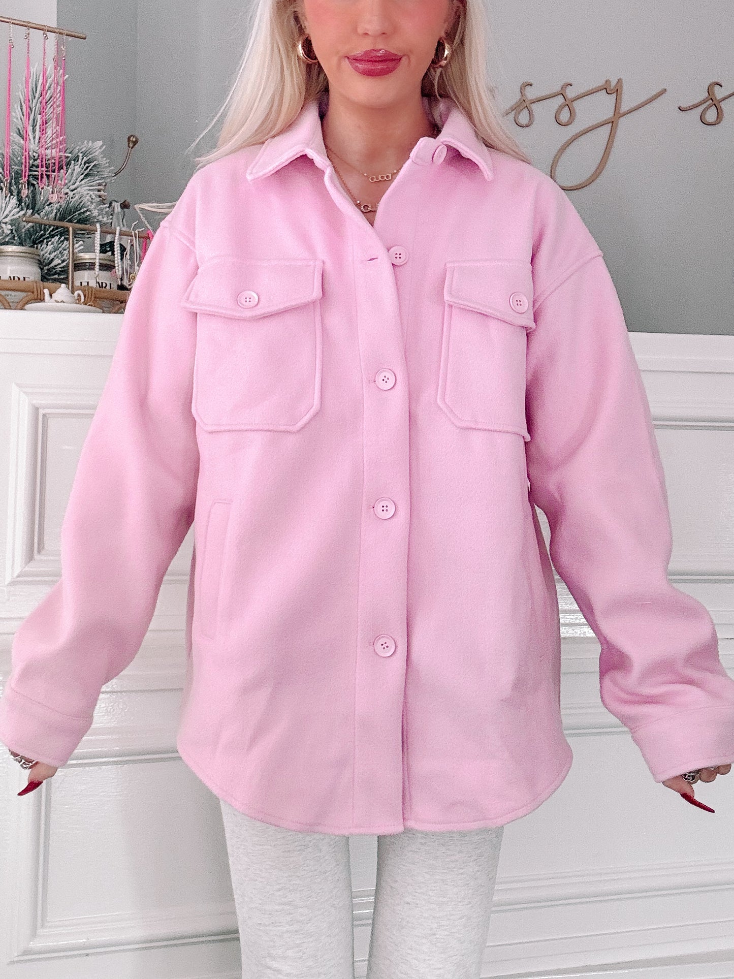 Pink Isla Shacket: Soft, oversized button-down shirt jacket.