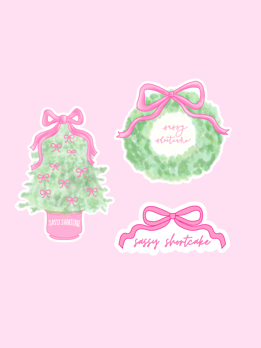 Sassy Shortcake Limited Holiday Sticker Pack: 3 watercolor-style stickers—Christmas tree, wreath, and bow—with pink bows.