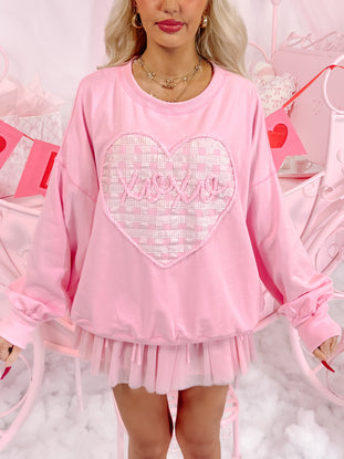Pink Love Letters crewneck sweatshirt with gingham heart detail.
