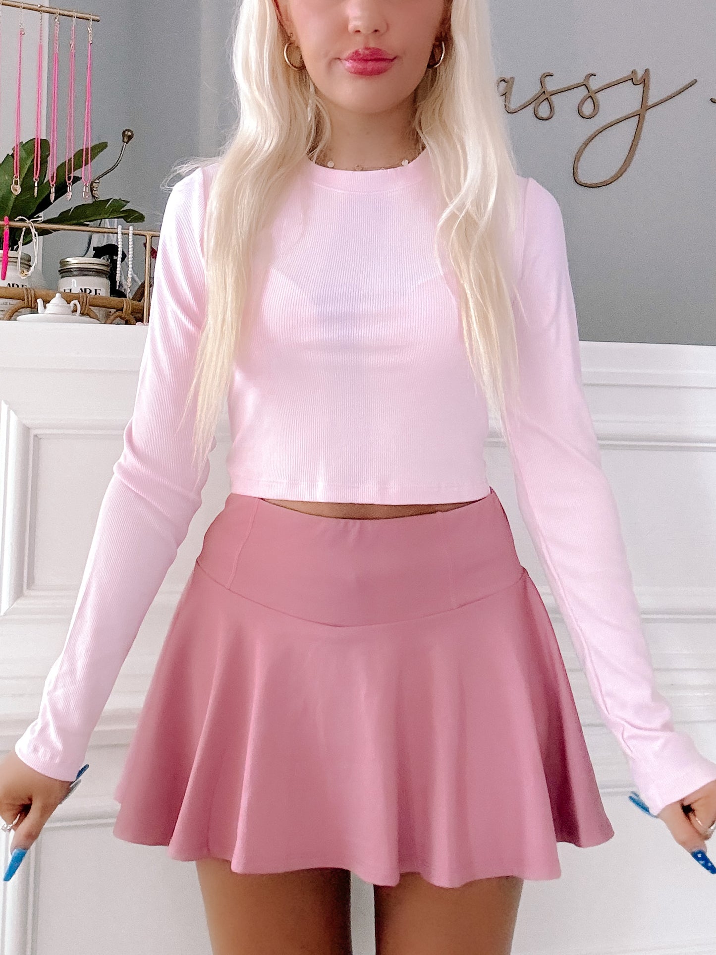 Dusty rose Mallory skirt: A-line, flirty mini skirt.