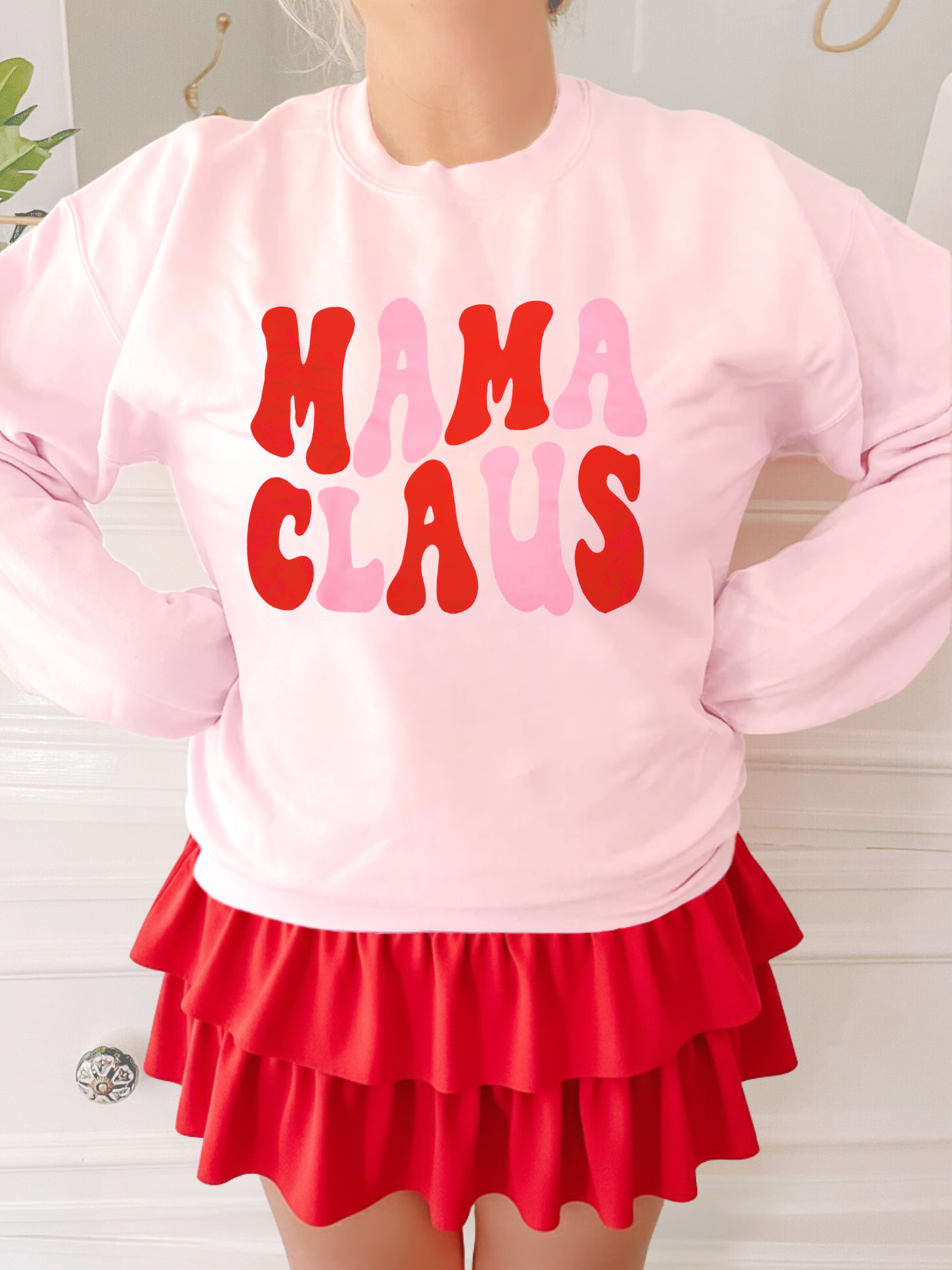 mama claus pink holiday crewneck from sassy shortcake
