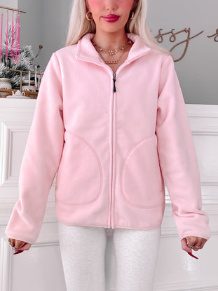 Mari Pink Zip-Up Fleece Jacket: Soft, cozy pink fleece jacket with zipper closure and kangaroo pockets.