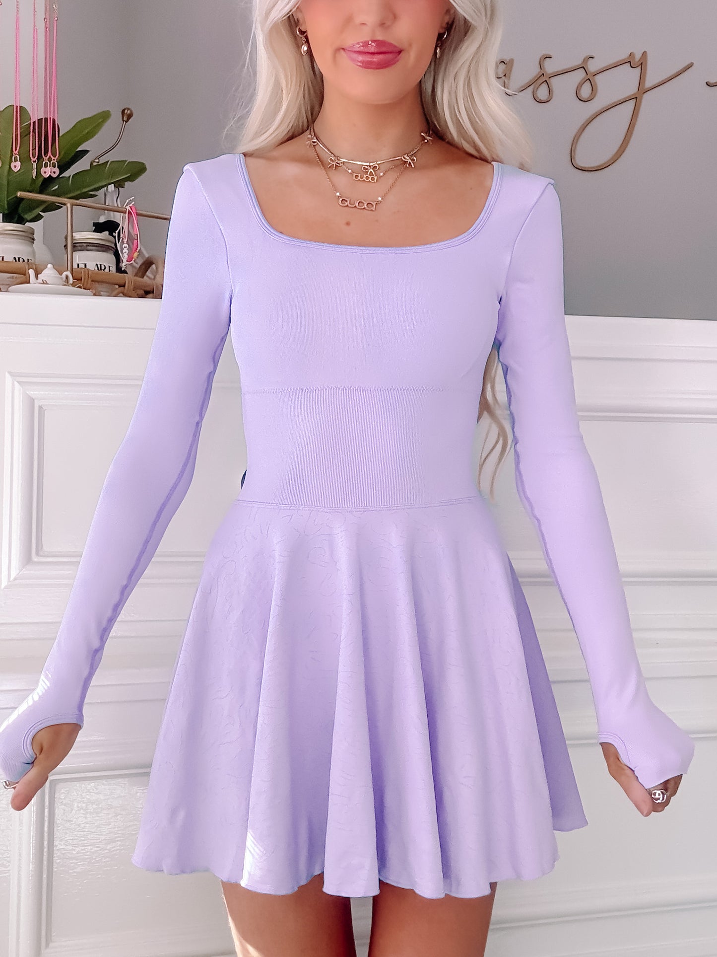 Lilac tennis dress with long sleeves and skater skirt from Sassy Shortcake