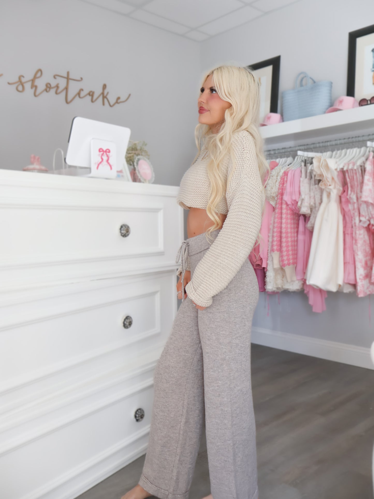 Side view of Mocha Lounge Pants showing cozy knit texture and flattering drawstring waist | Sassy Shortcake