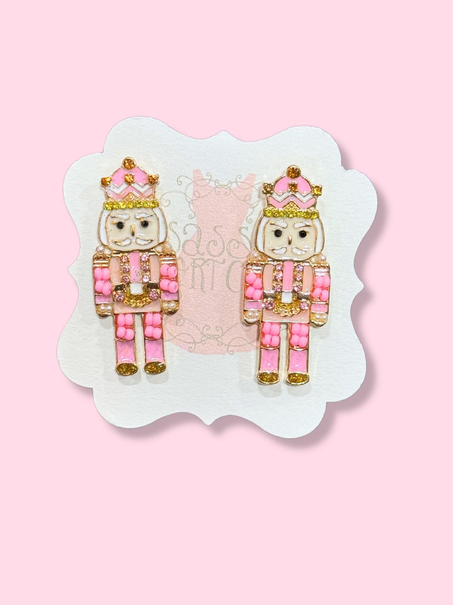 Pink Nutcracker earrings with gold detailing from Sassy Shortcake