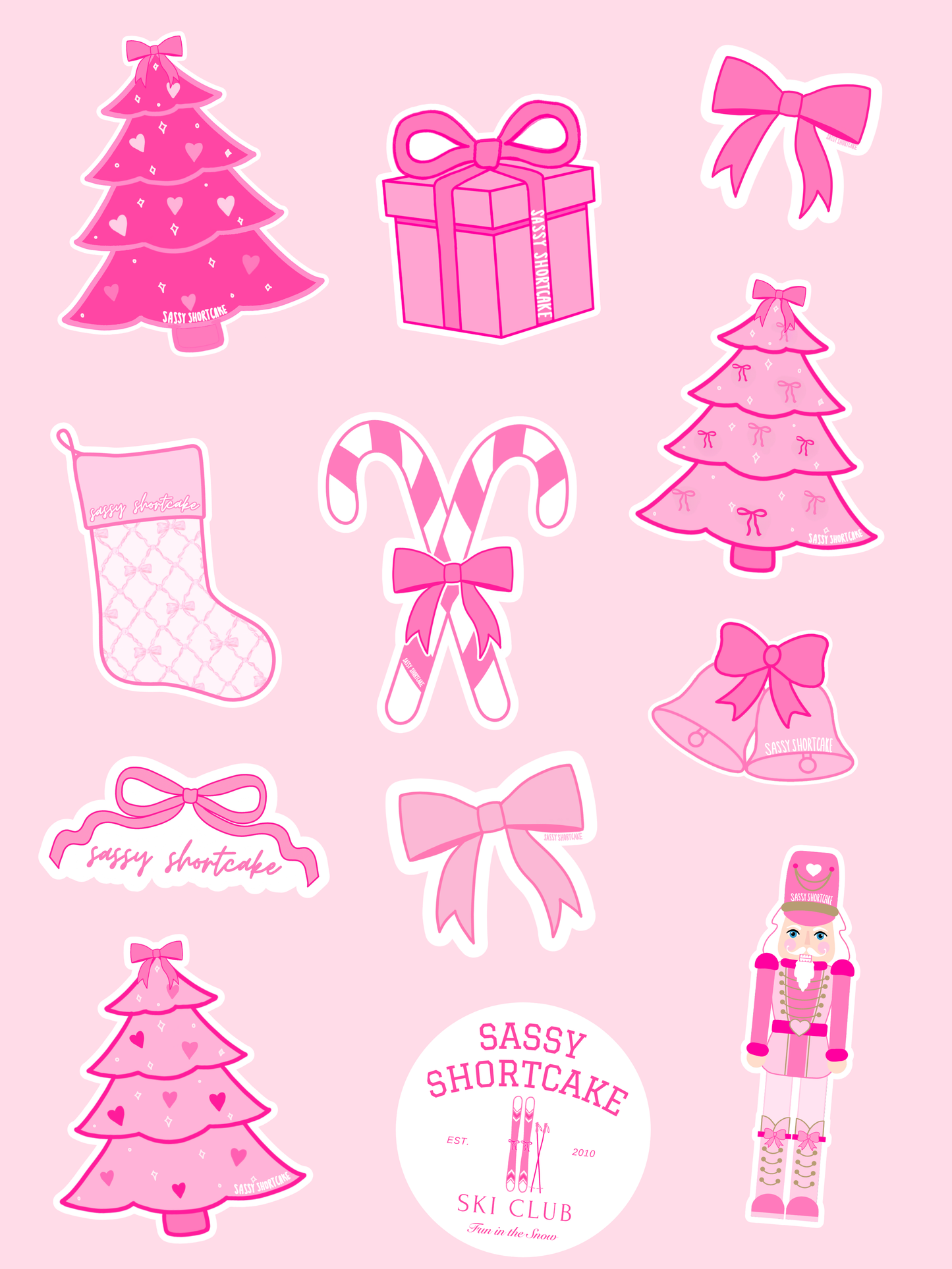 Pink Sassy Shortcake holiday sticker sheet: Christmas trees, presents, candy canes, bows, nutcracker, stocking.