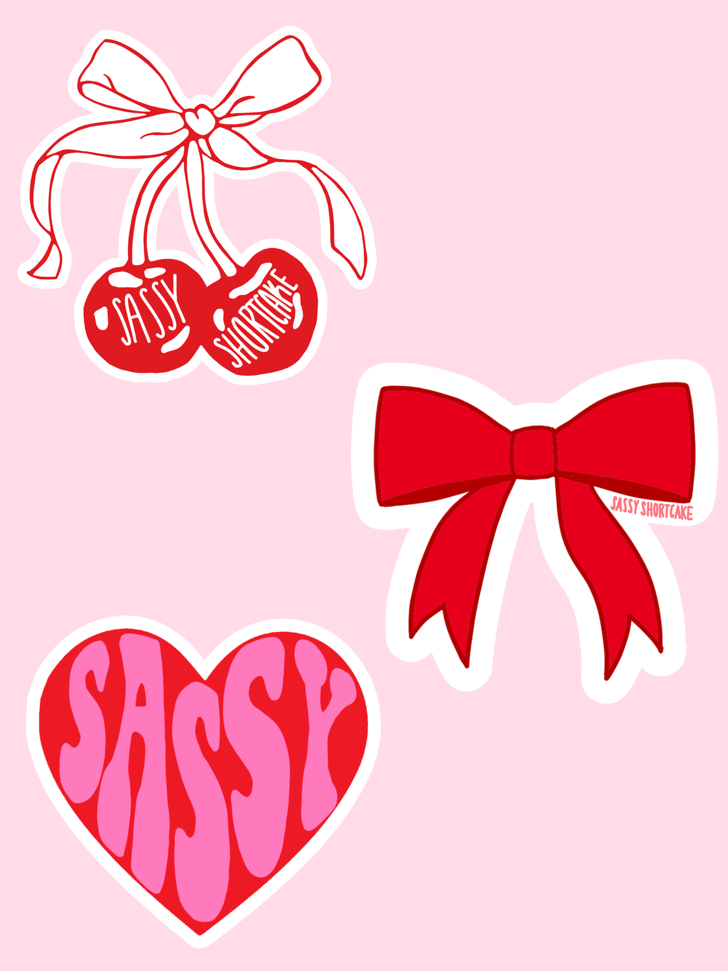 Red and pink heart, cherry, and bow stickers; fun holiday designs.