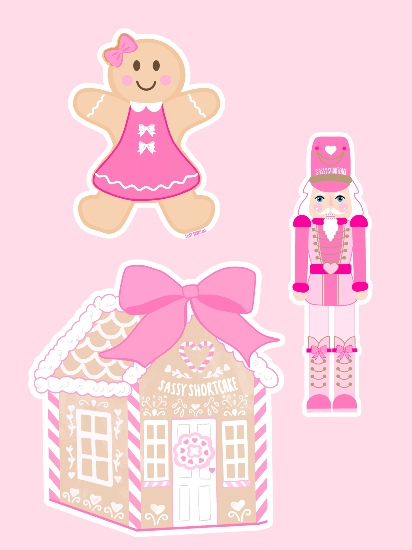 Cute pink holiday stickers: gingerbread girl, nutcracker, and gingerbread house.