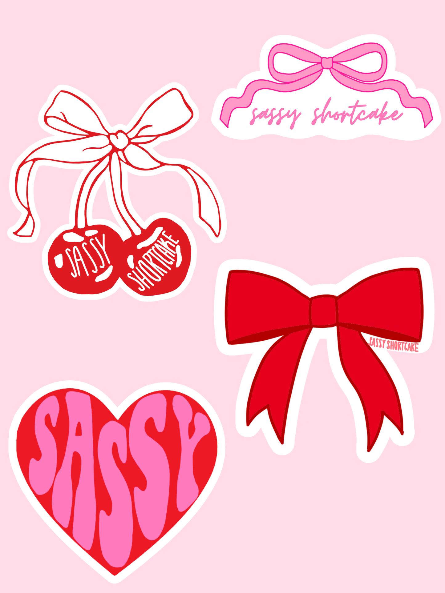 Red and pink heart, bow, and cherry stickers; fun, festive designs.