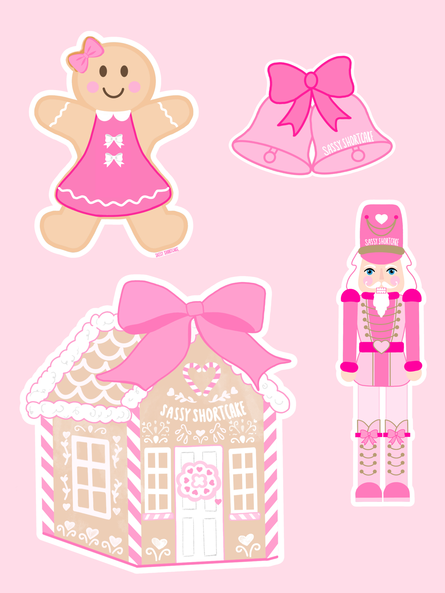 Pink holiday stickers: gingerbread girl, bells, gingerbread house, nutcracker.