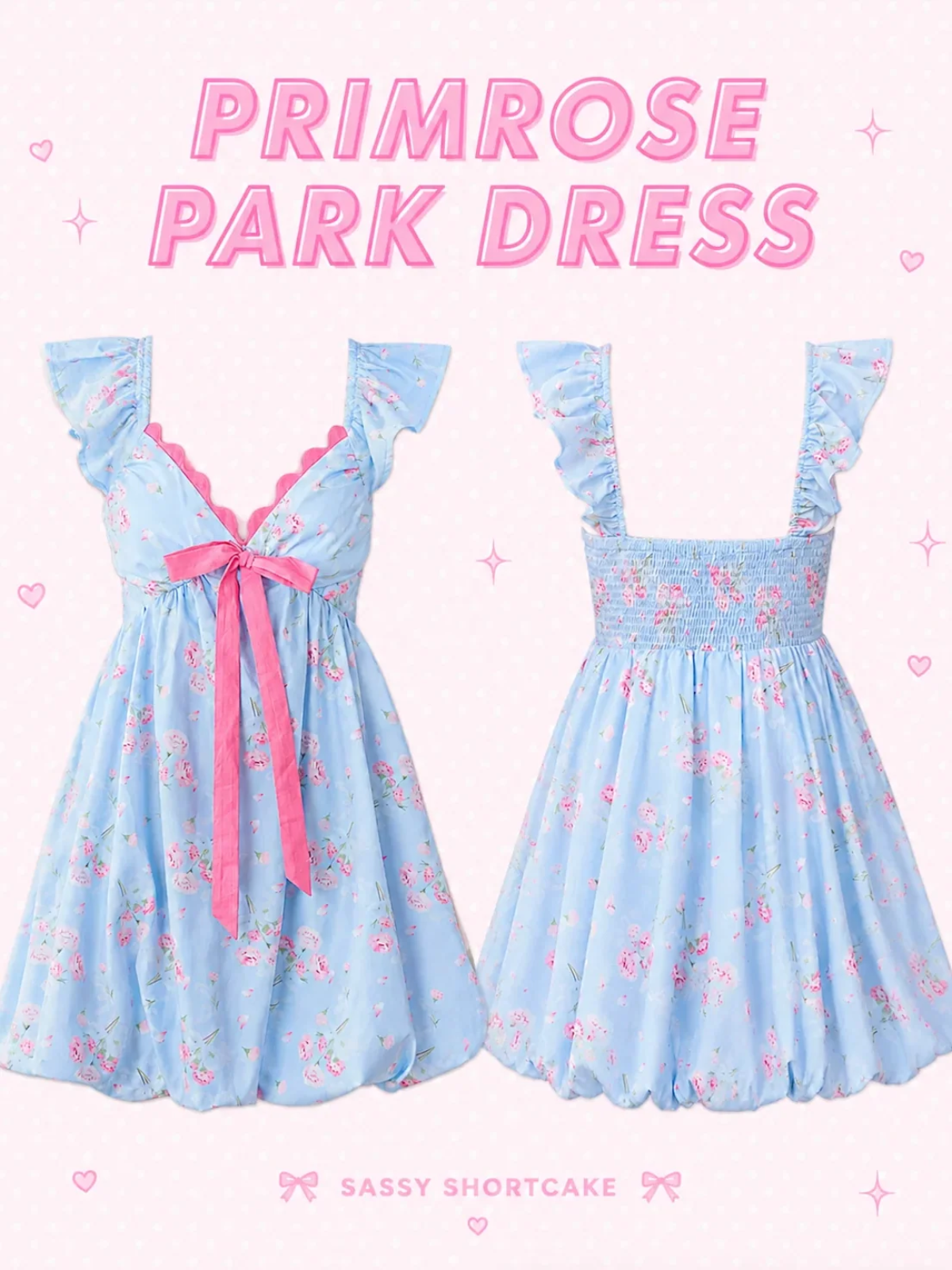 A light blue floral dress shown from the front and back on a pale pink background, with large pink text reading PRIMROSE PARK DRESS at the top and SASSY SHORTCAKE at the bottom.