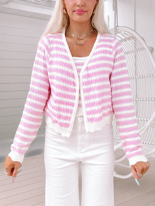 Pink & white striped Simone sweater set; cropped cardigan & matching tank.