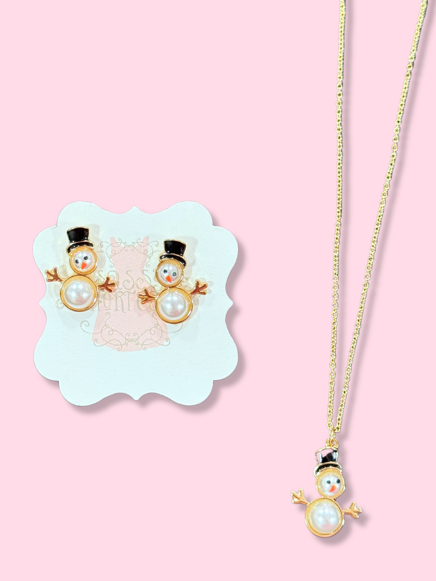 Adorable snowman necklace & earrings set; gold chain, pearl body, black top hat.