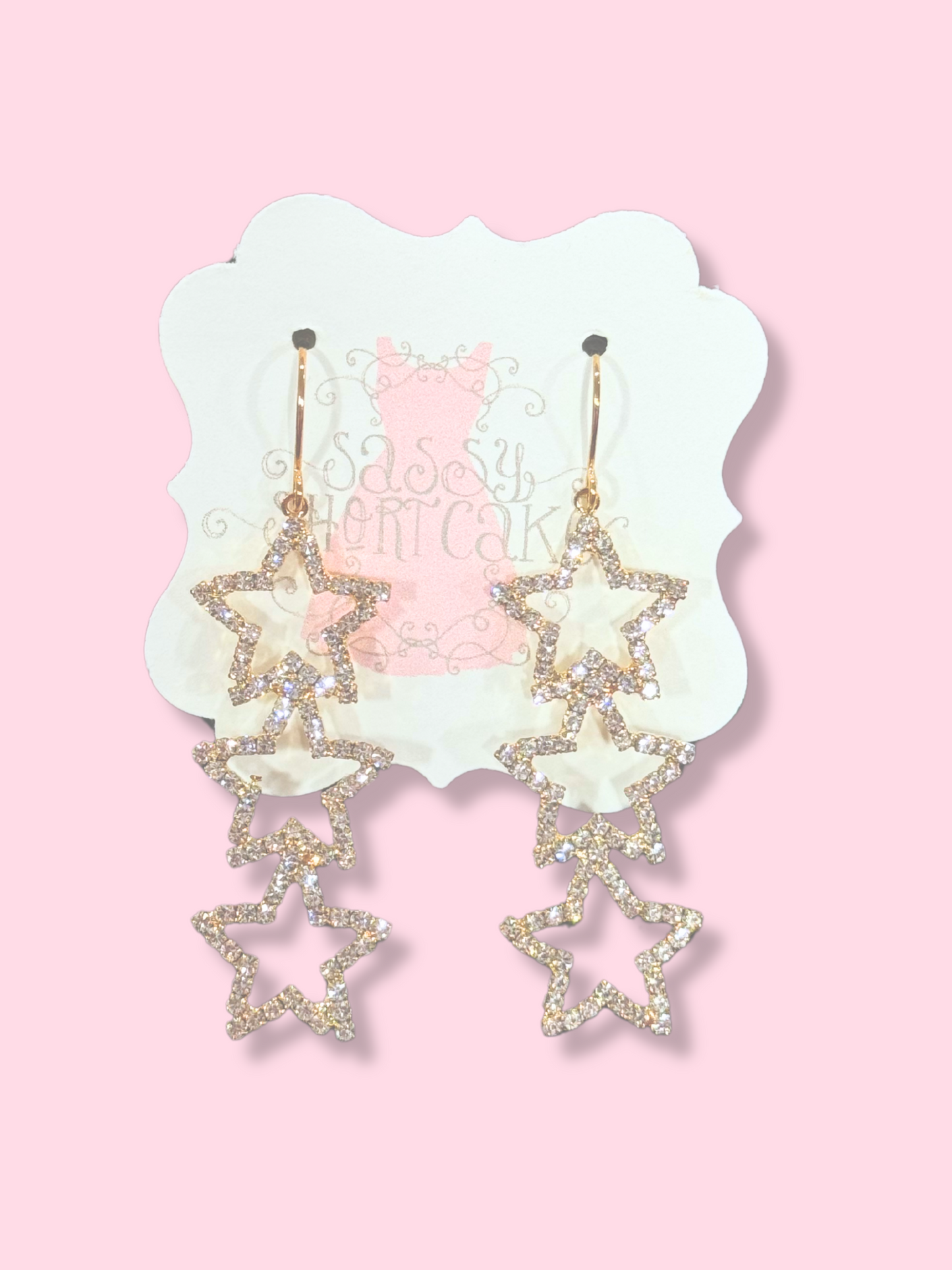 Sassy Heartcake Star Drop Earrings: Gold-tone, rhinestone-studded star design.