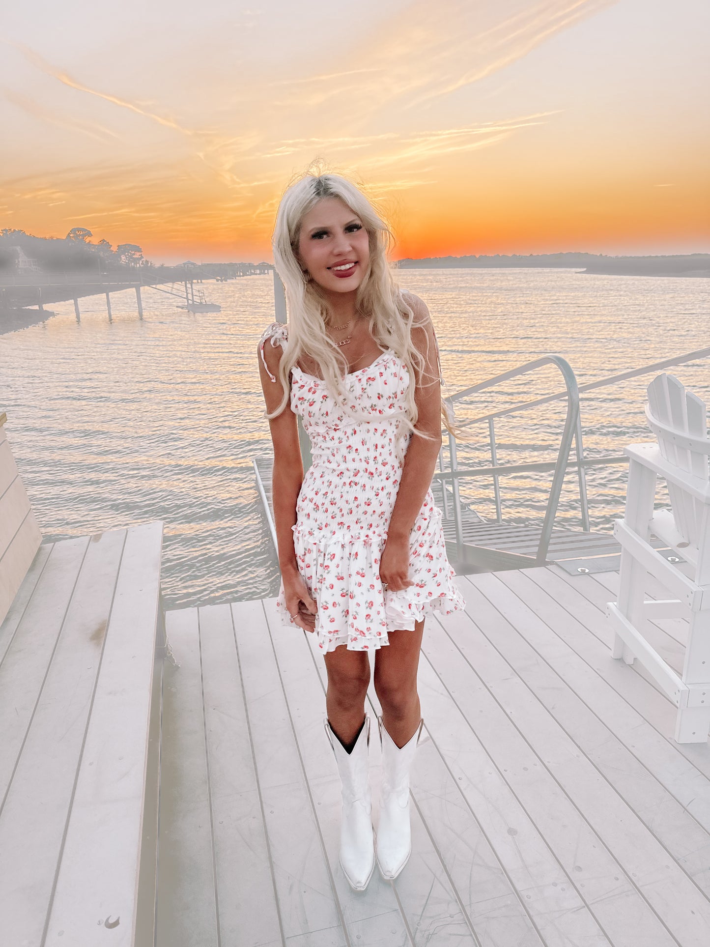 Front view of Strawberry Lane Dress styled for a summer garden party.