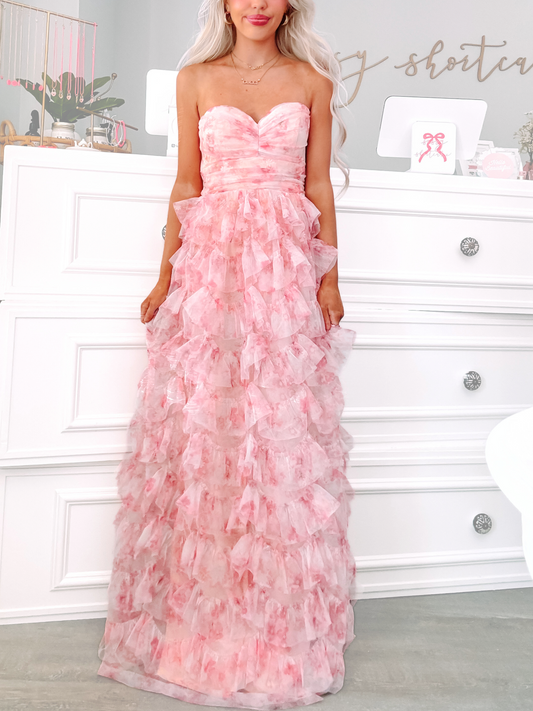 Sunlit Bloom Ruffle Dress from Sassy Shortcake worn by model - a pink strapless gown with ruffled layers