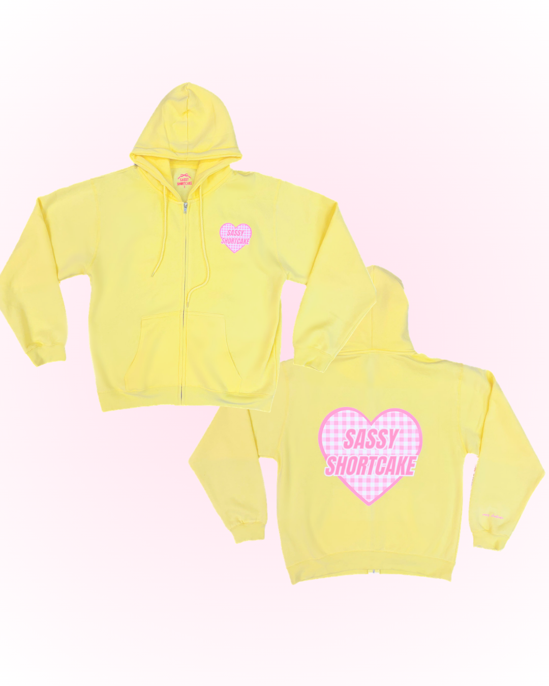 Sun Love Zip Up from Sassy Shortcake - Yellow hoodie with pink heart design on a white background