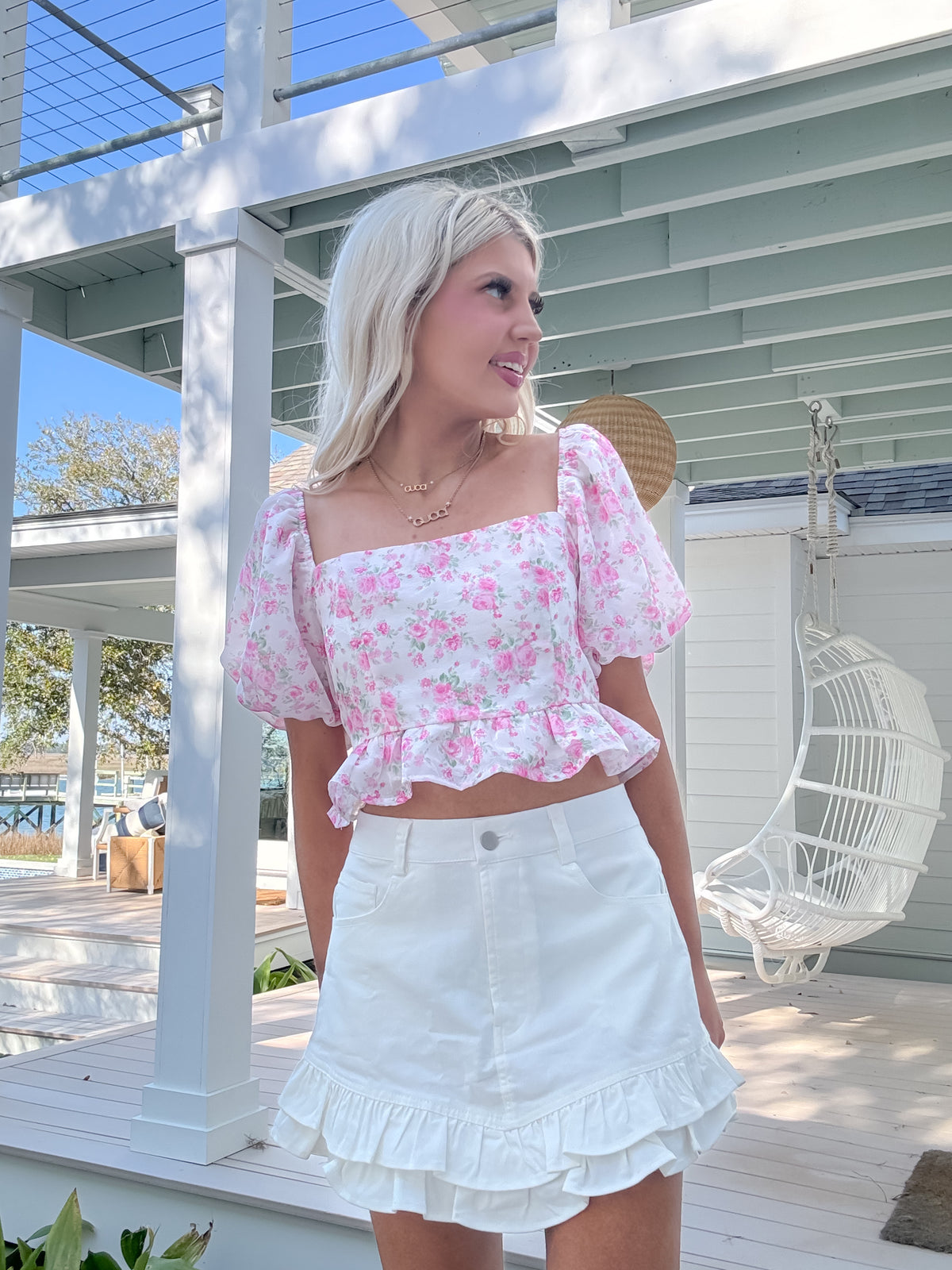 Sweet as Sunday Top feminine pink floral puff sleeve blouse by Sassy Shortcake
