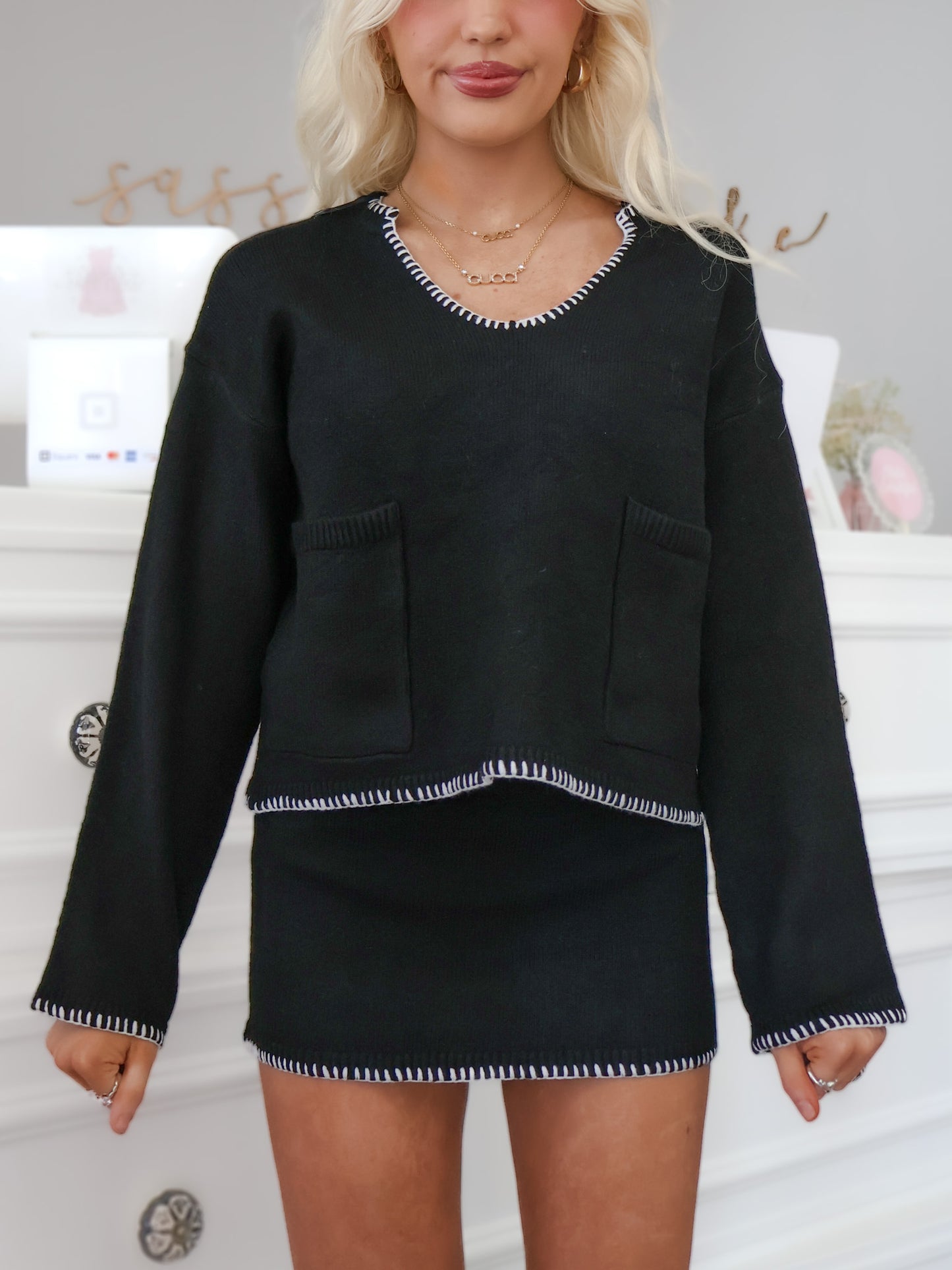 Threaded Together black knit set with pocketed top and stitched trim, styled for a polished casual look | Sassy Shortcake