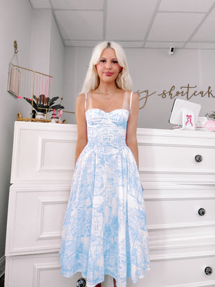 model wearing blue maxi dress from sassy shortcake