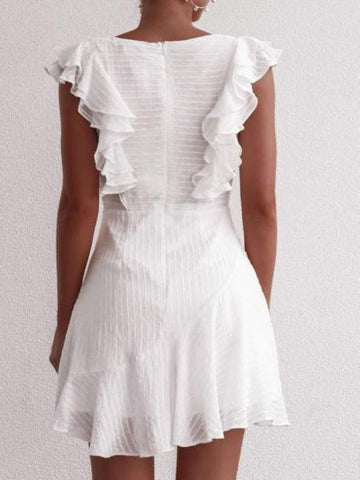 White eyelet mini dress with ruffled sleeves and layered hem, shown from the back.