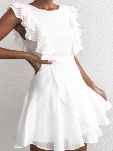 White eyelet mini dress with ruffled sleeves and layered skirt, shown on model against a white background.