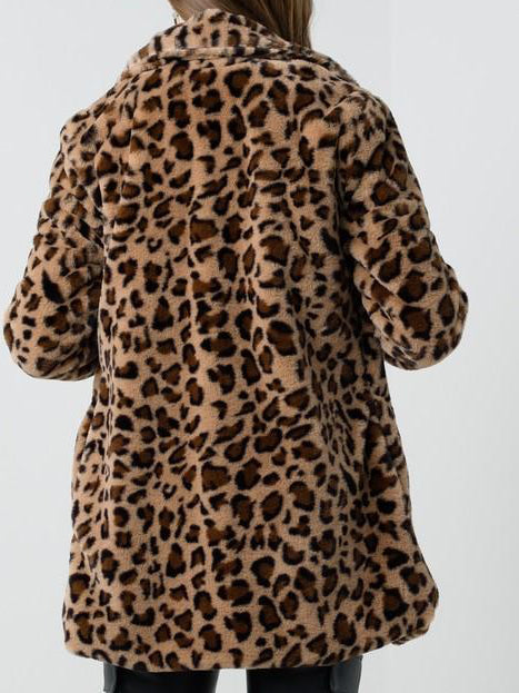Leopard print faux fur coat, brown and tan, shown from the back.