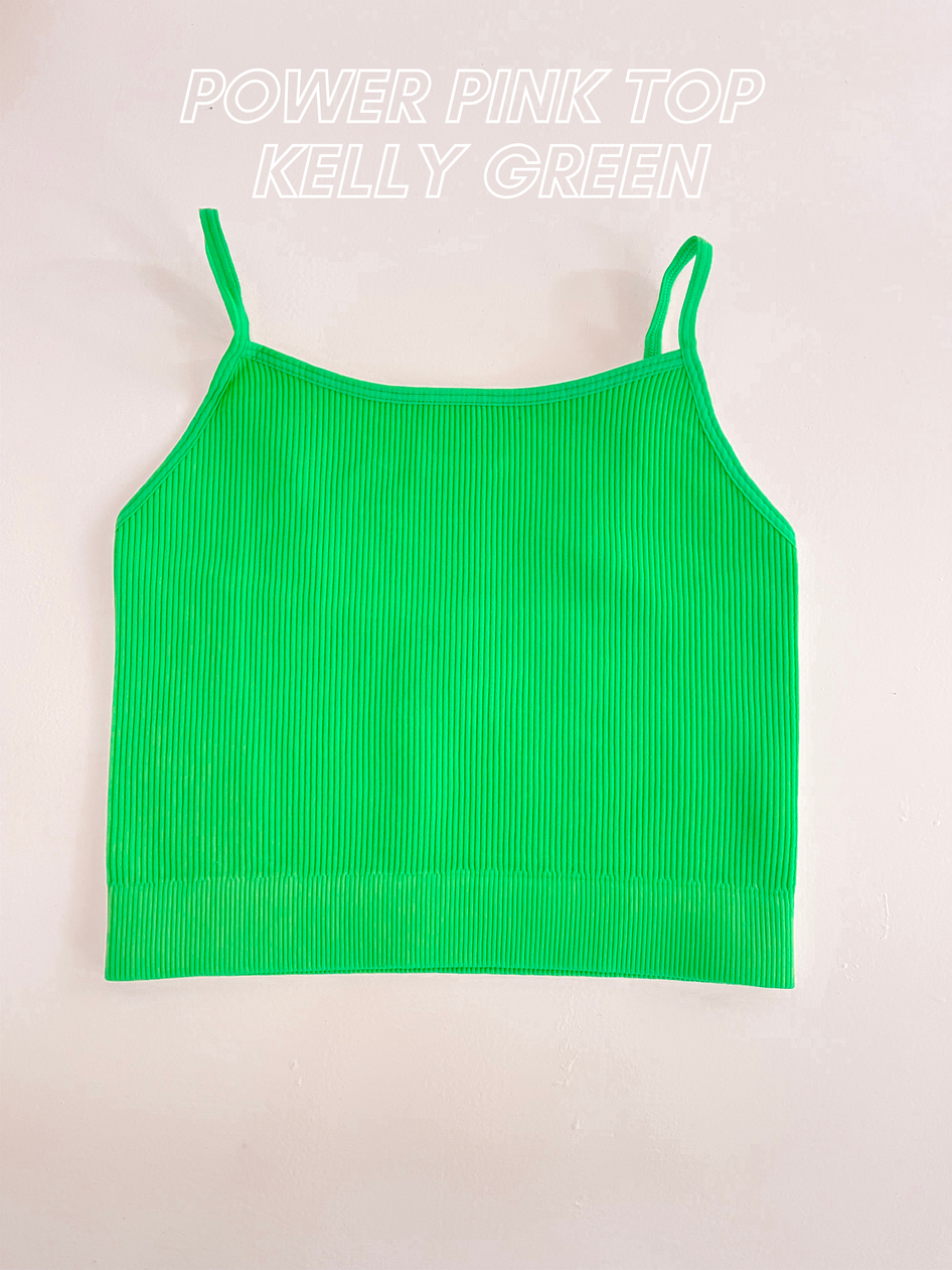 Bright green ribbed knit crop top, flat lay on white background.