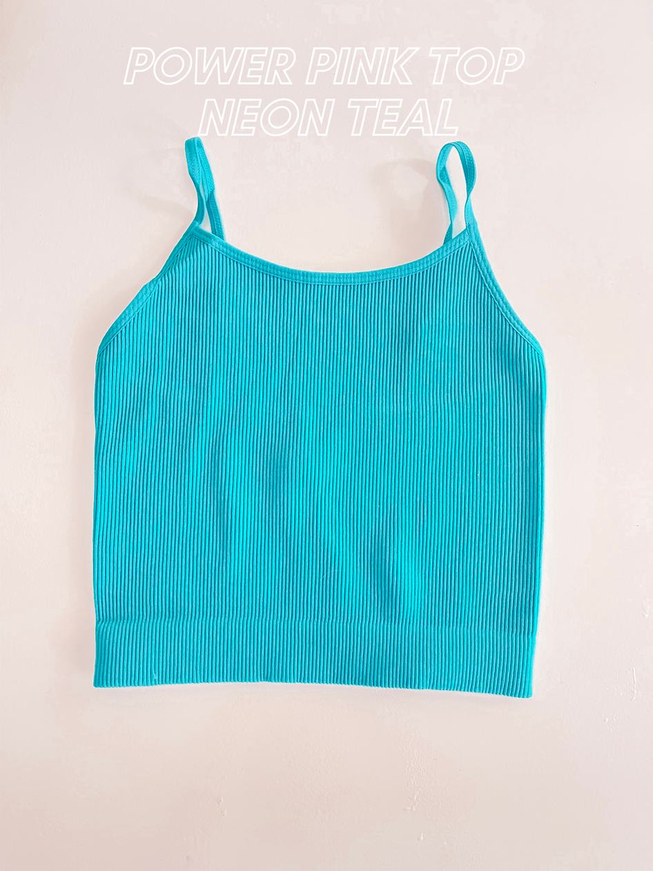 Neon teal ribbed crop top with thin straps, displayed on a light background.