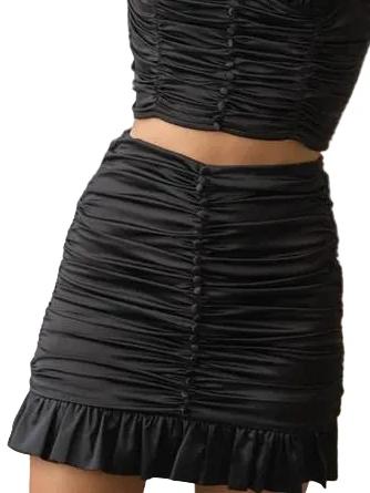 Black Frill Yeah satin mini skirt with ruched detailing and ruffle hem.