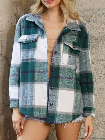 Finley Shacket: Green & white plaid oversized flannel shirt jacket