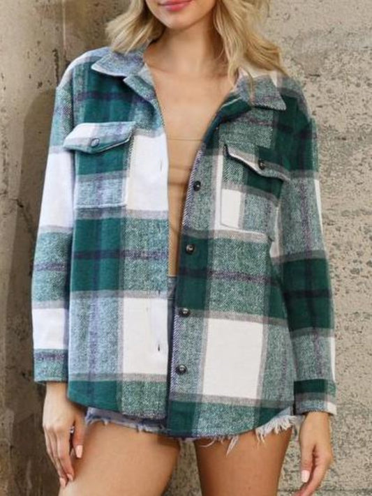 Finley Shacket: Green & white plaid oversized flannel shirt jacket
