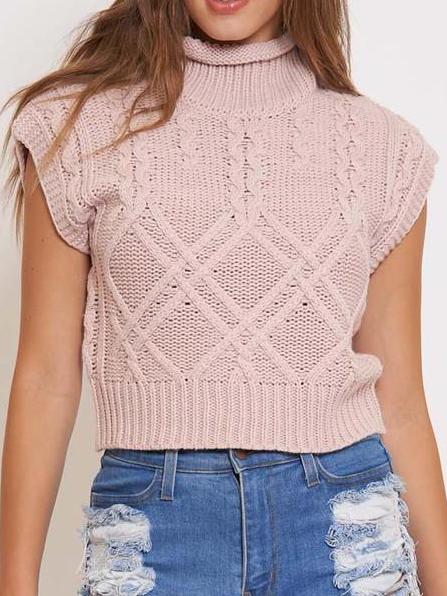 Dusty rose cable knit sleeveless turtleneck sweater, cropped fit.