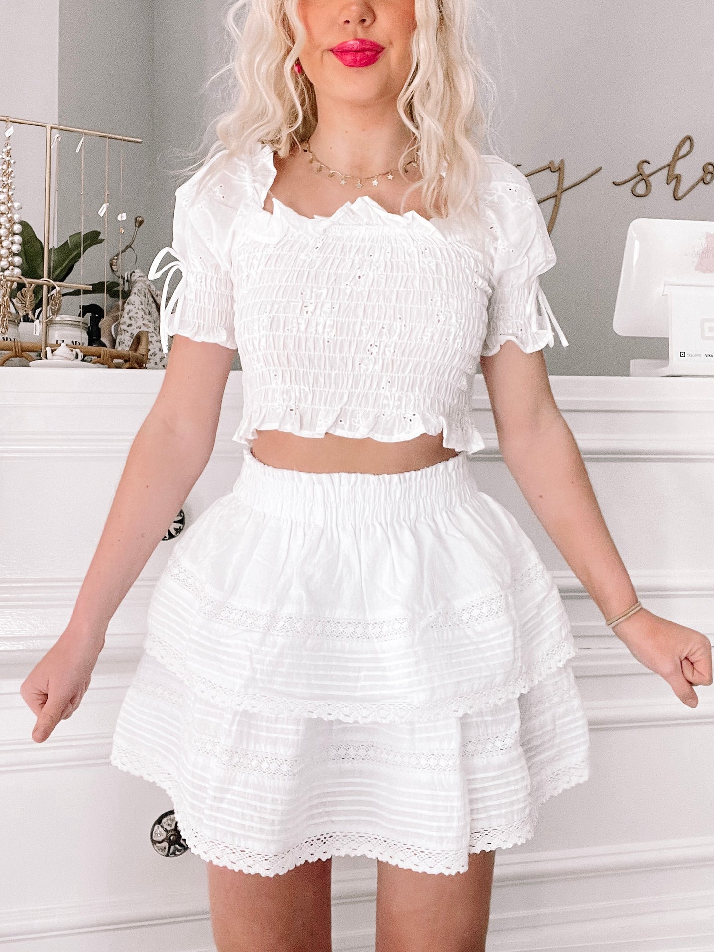Dream Chaser white eyelet tiered mini skirt with lace trim