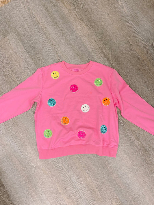 Pink Sassy Super Smiles crewneck sweatshirt with colorful glitter smiley faces from Sassy Shortcake