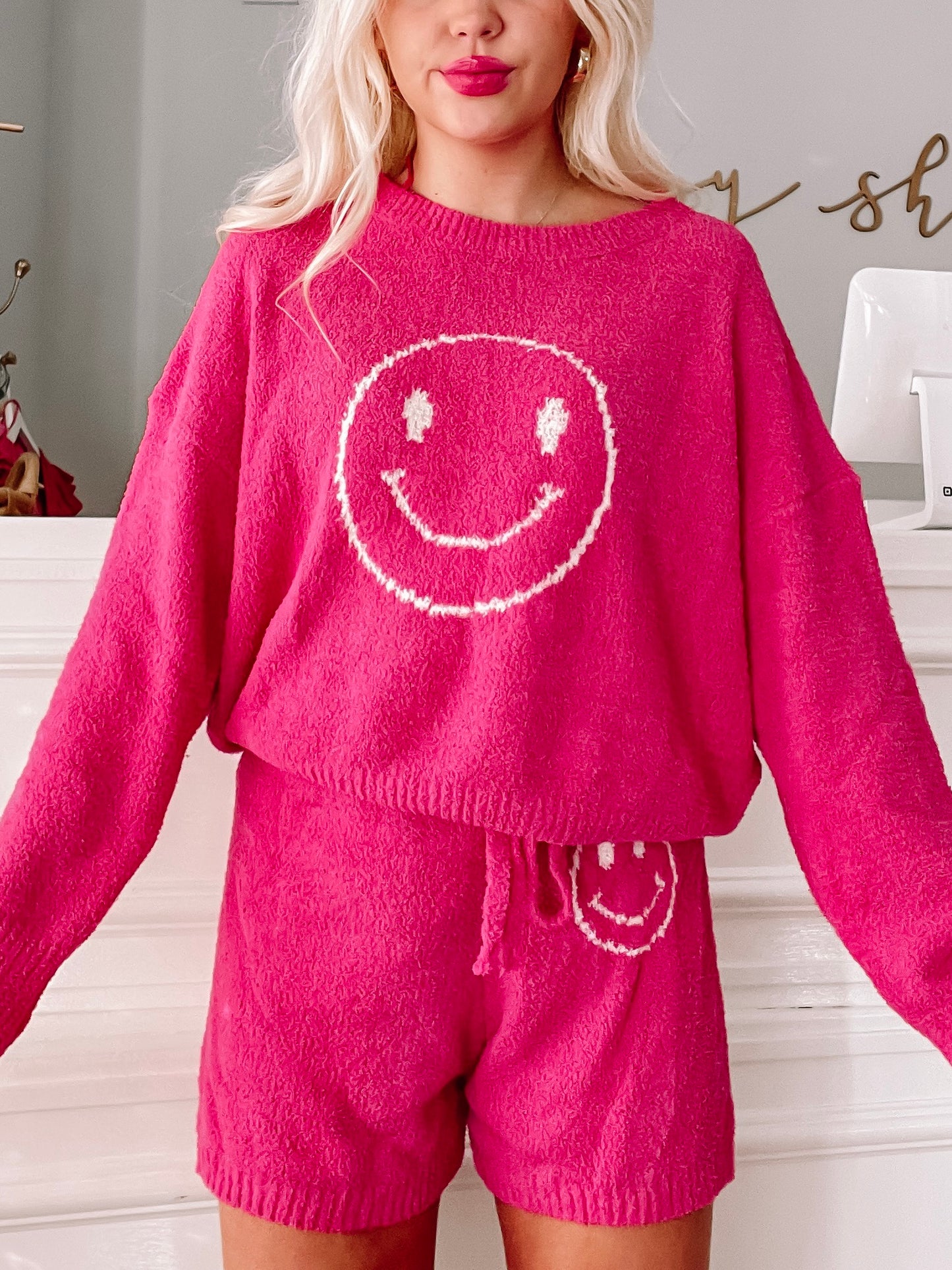 Hot pink Snuggles and Smiles Set: fuzzy knit sweater and shorts set featuring embroidered smiley faces.