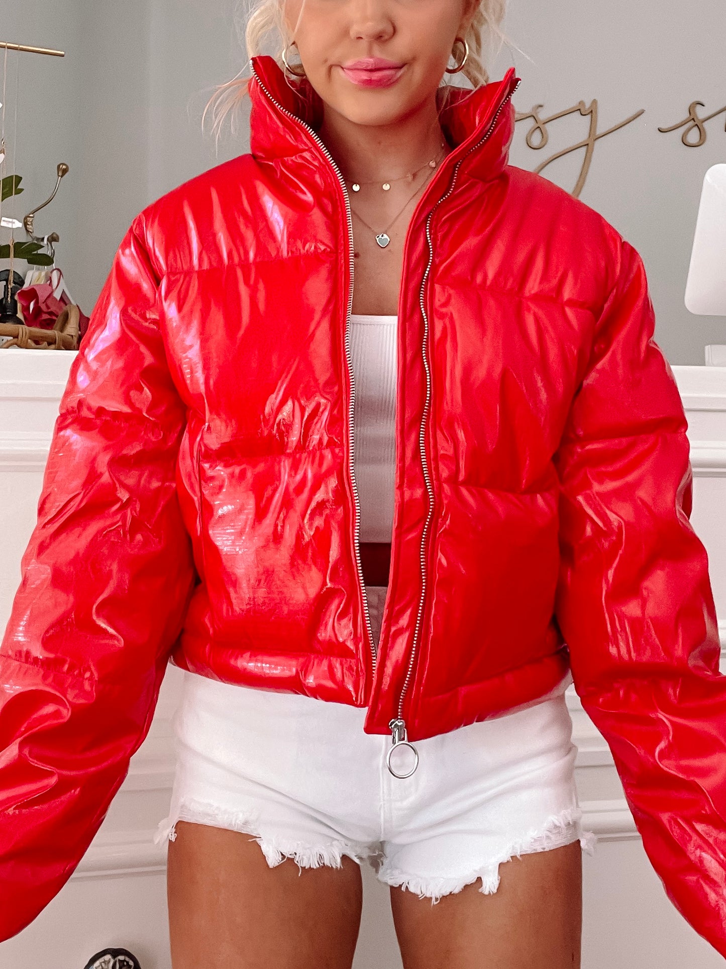 Candyland red puffer jacket, shiny finish.