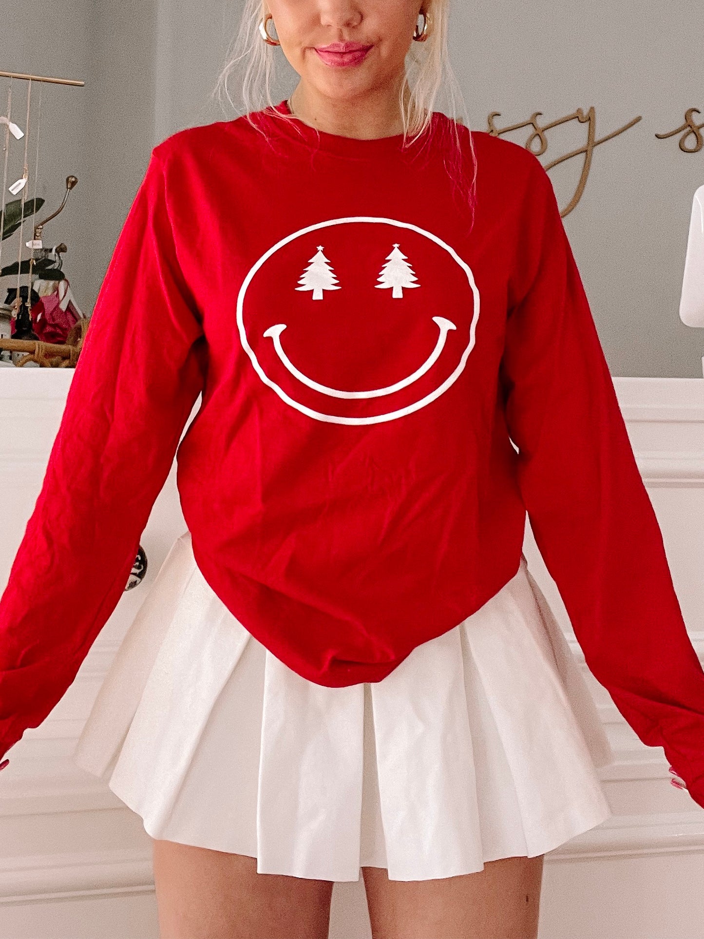 Red long-sleeve Christmas tree smiley face tee shirt