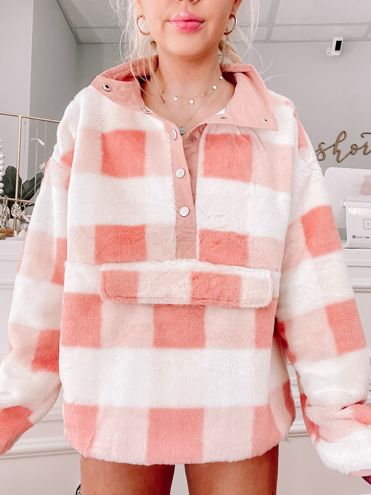Pink & white fuzzy plaid Peach Perfect pullover