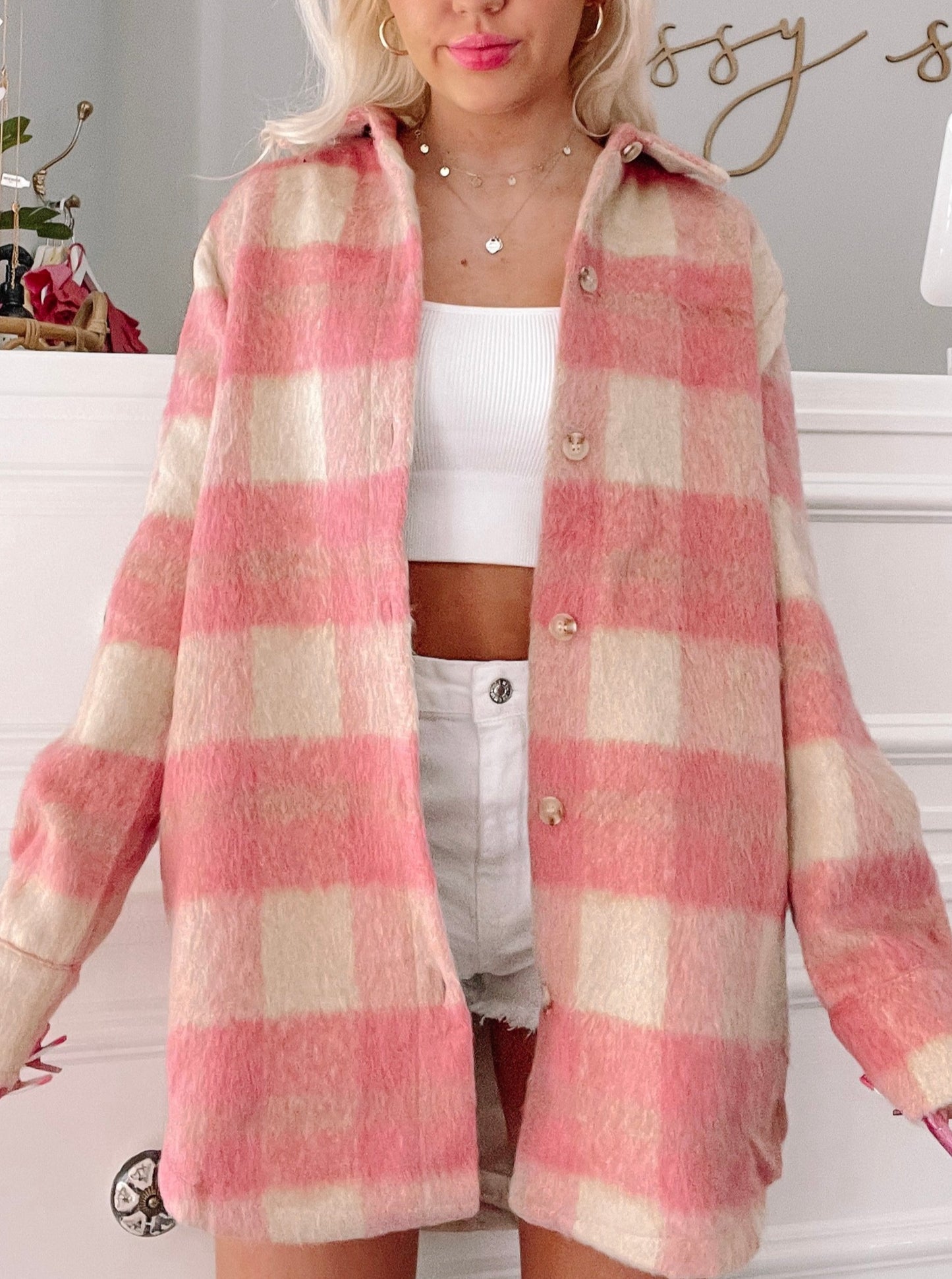 Pink and cream fuzzy oversized shacket, button-up,  perfect for fall.