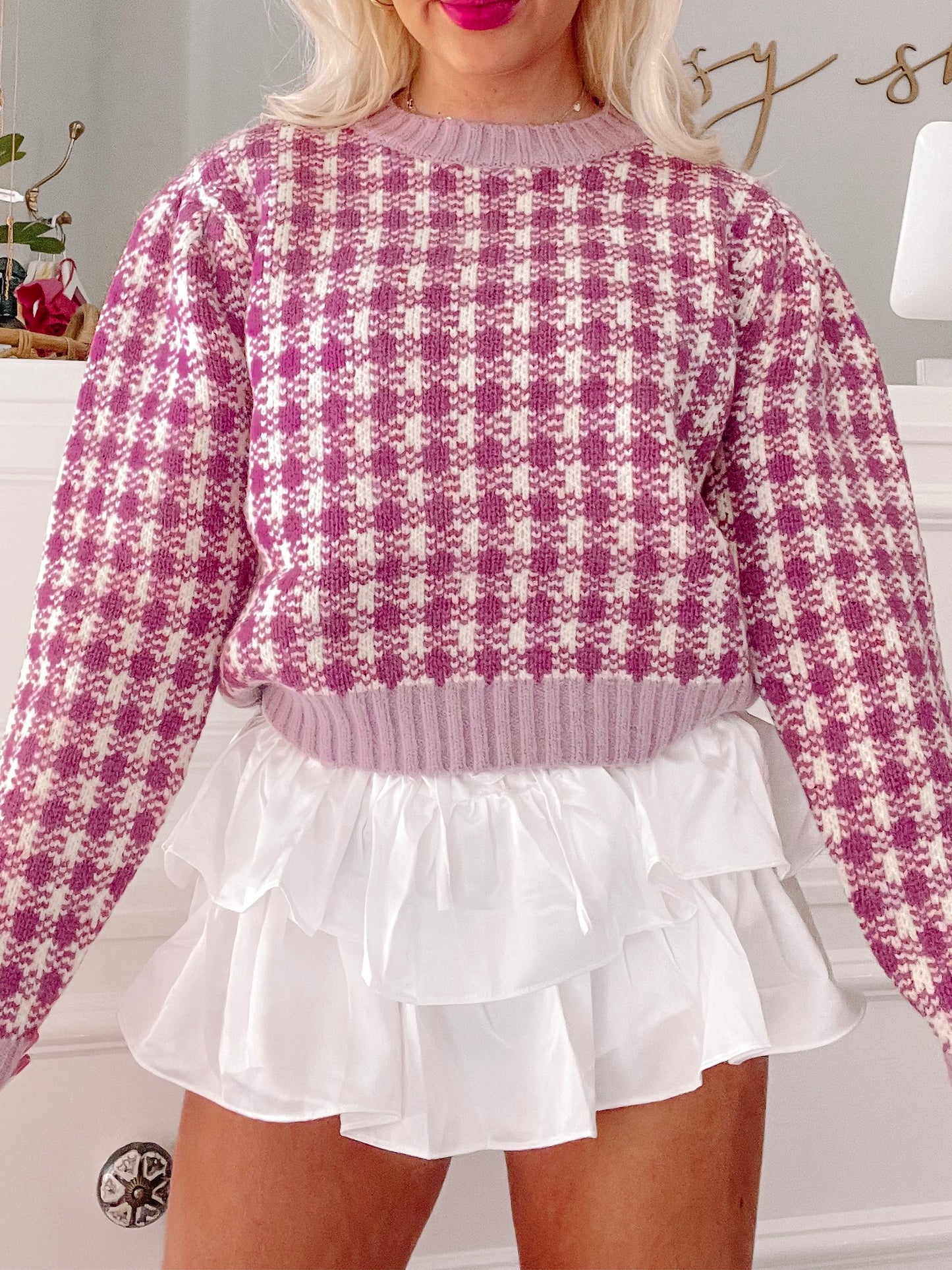 Purple Millie Sweater: Gingham knit, relaxed fit.