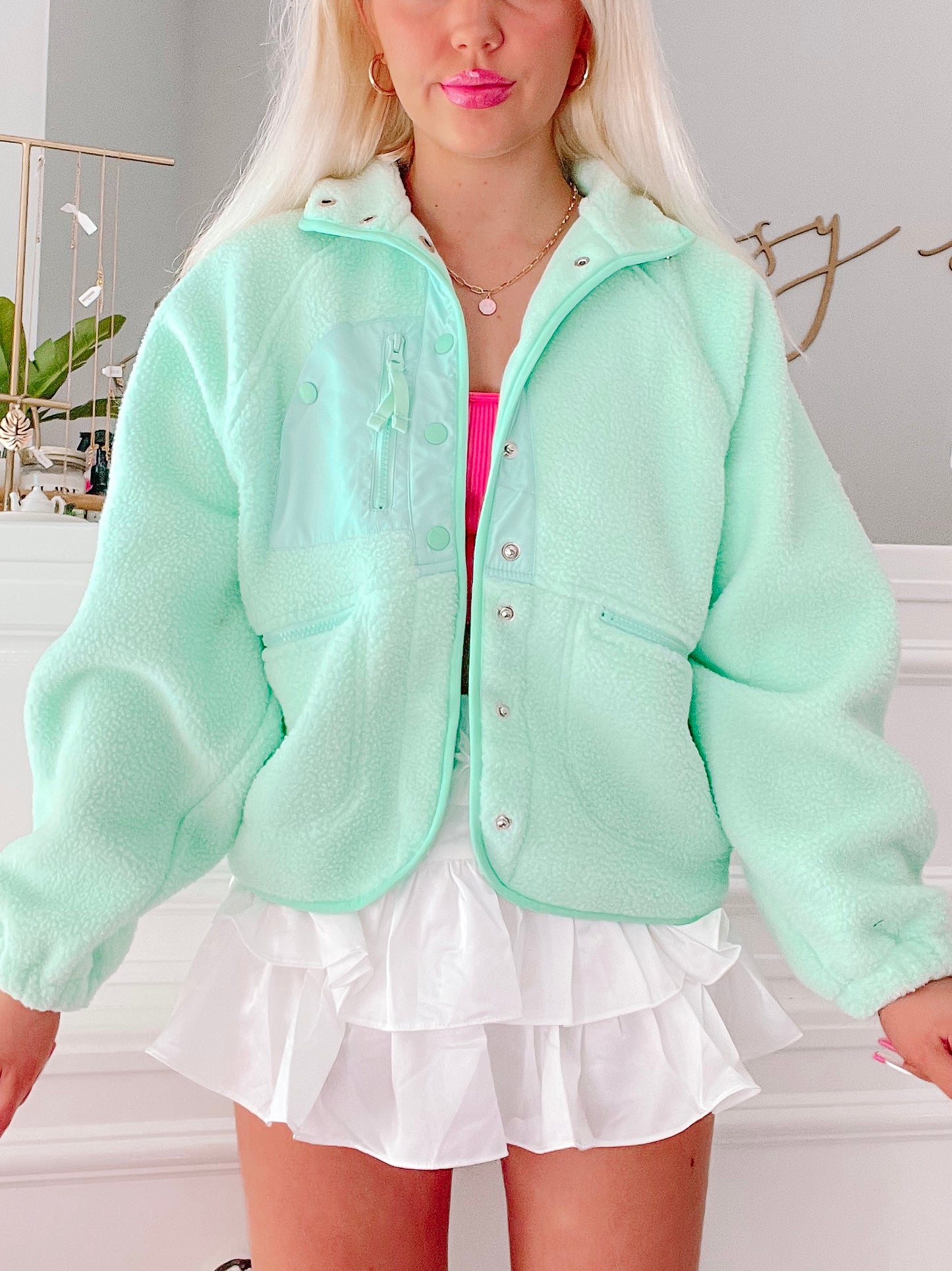 Seafoam Heartbreaker Jacket: Soft, mint green fleece jacket with snap buttons & pockets.