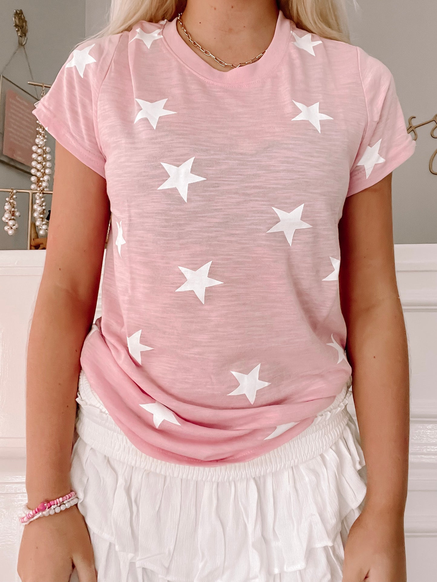 Pink short-sleeve tee with white stars; Wishing On A Star Tee