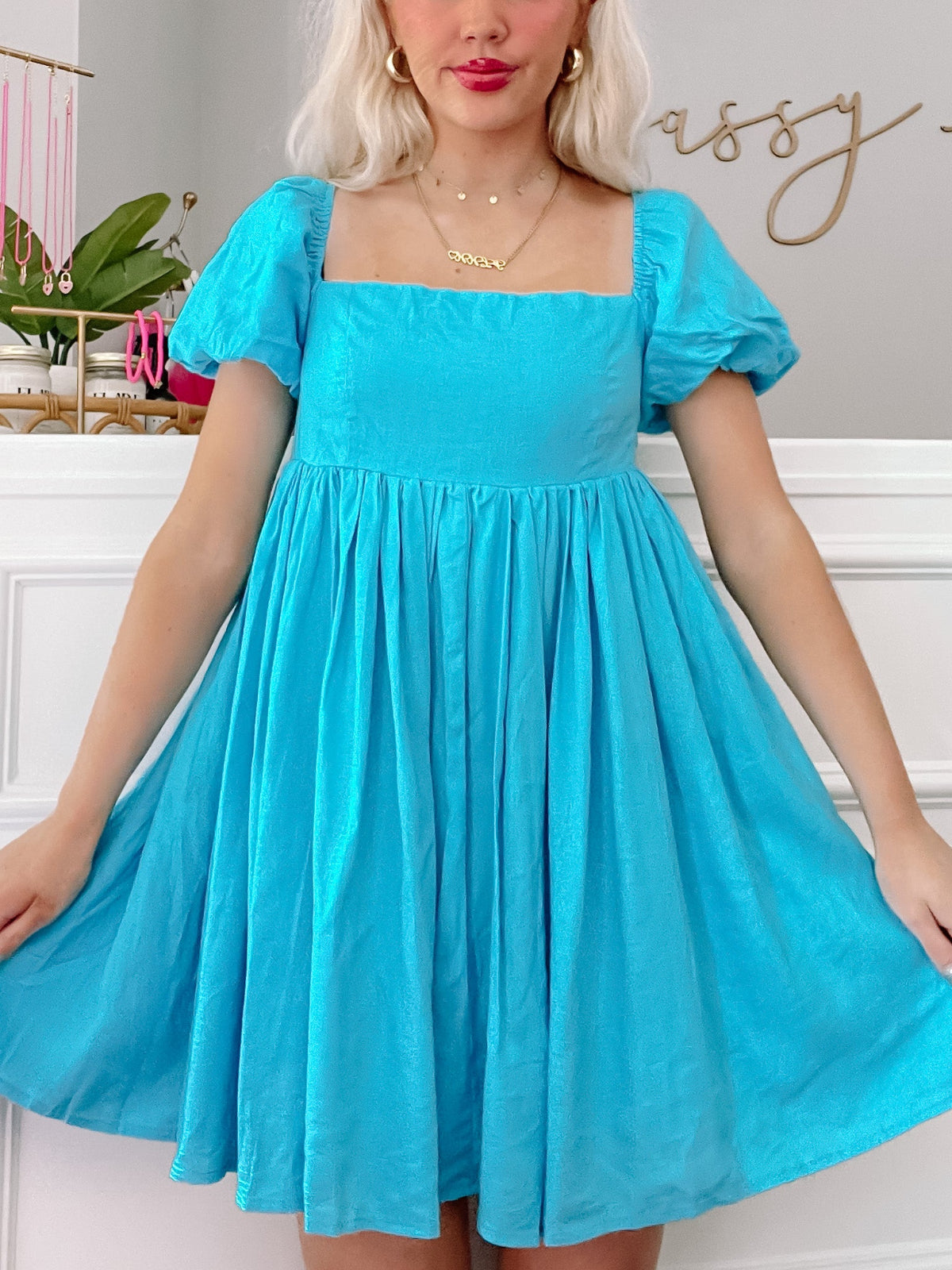 Electric Blue Lush and Lemons Dress from Sassy Shortcake featuring puffy leeves and a smocked back