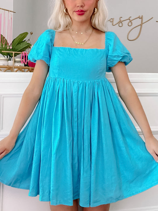 Electric Blue Lush and Lemons Dress from Sassy Shortcake featuring puffy leeves and a smocked back