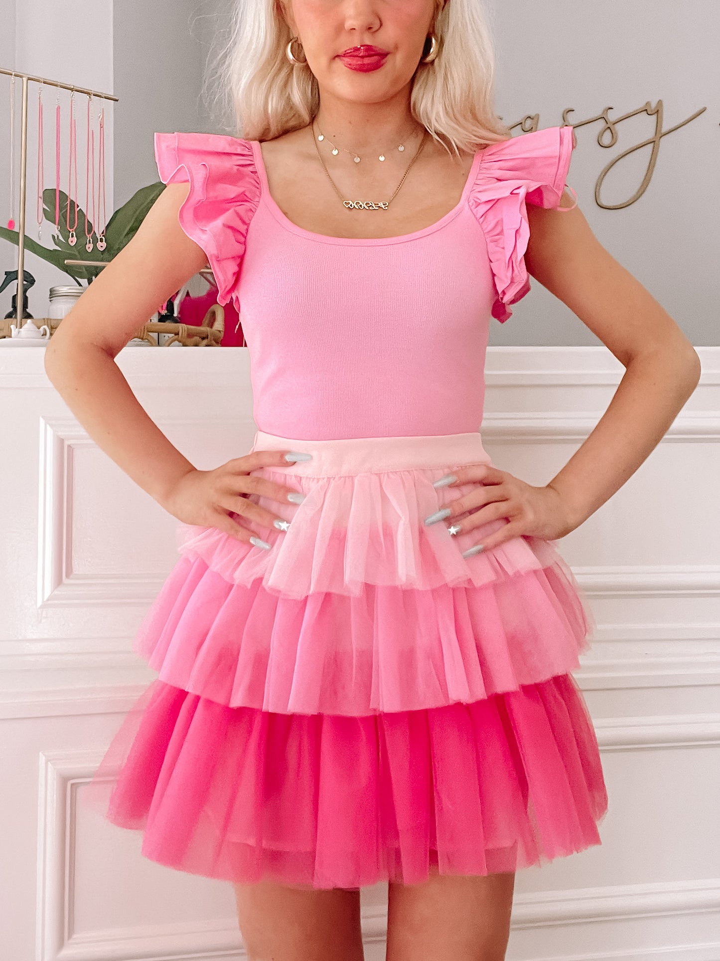 Pink tulle layered mini skirt, Shades of Sassy design.