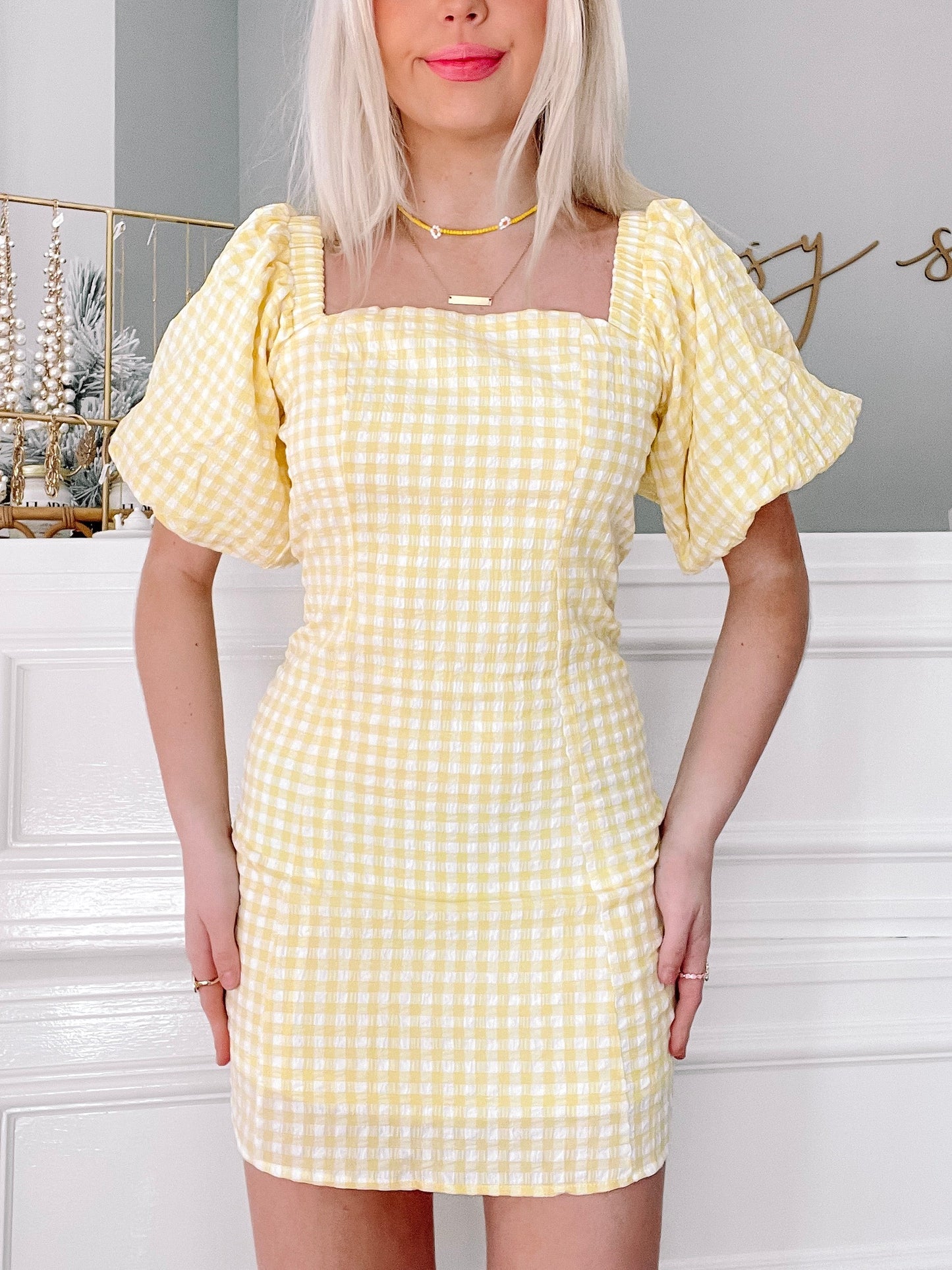 Lemon Citrus Sun Gingham Puff Sleeve Mini Dress