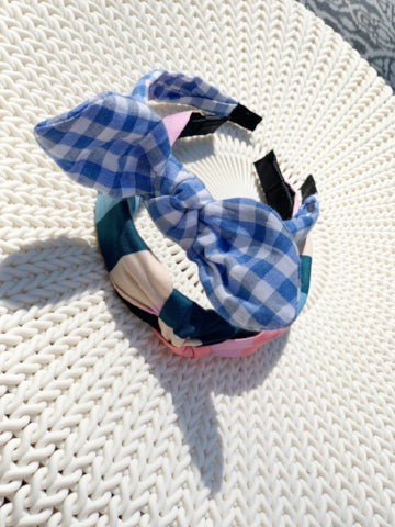 Lizzy knotted headband; blue gingham & teal patterned fabric.