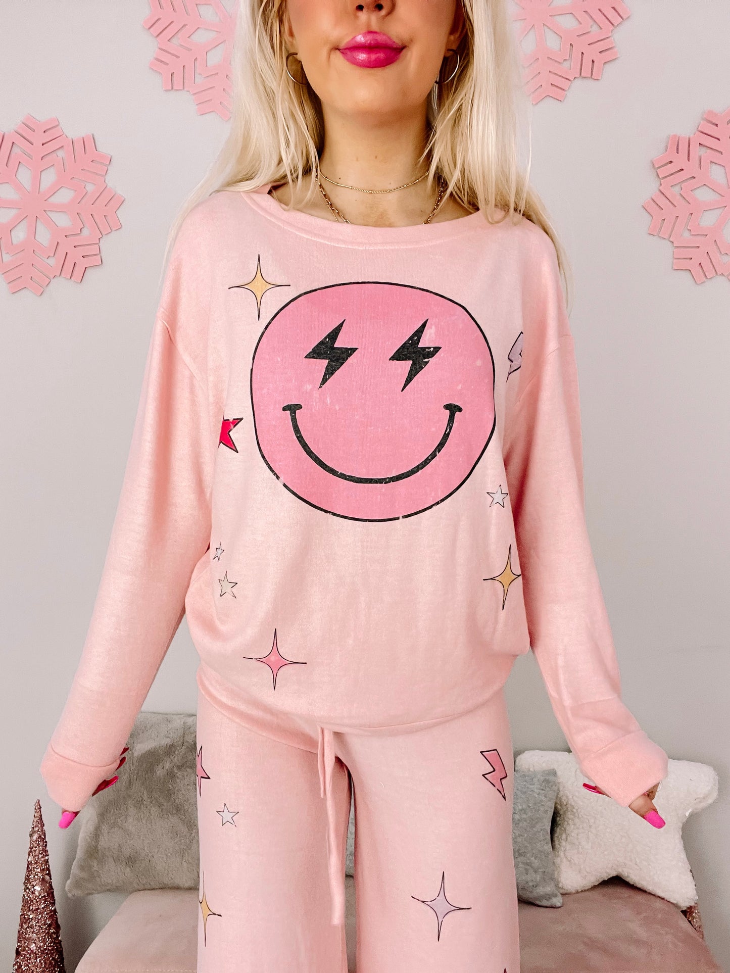Pink Electric Dreams PJ set with a fun smiley face design.
