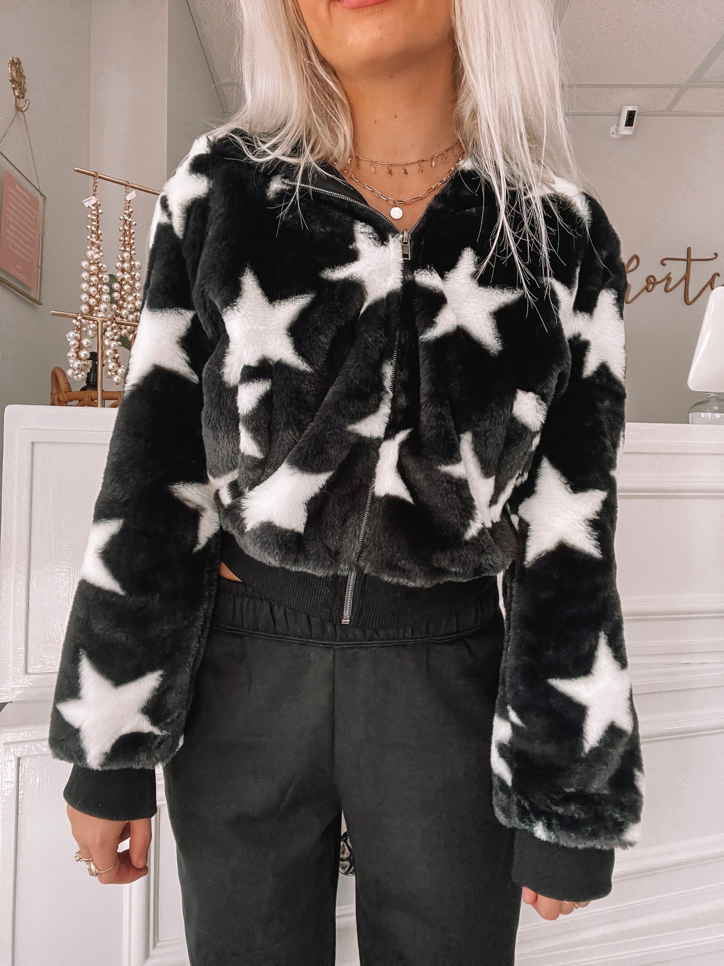 Black & white star print faux fur All Star zip-up jacket